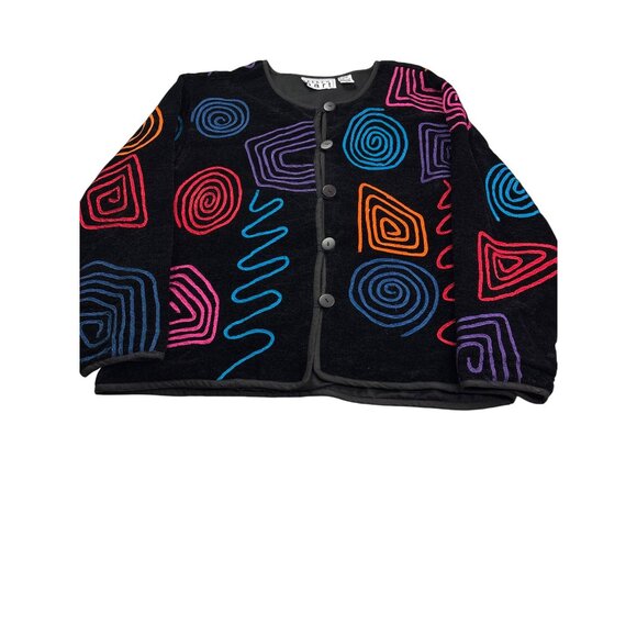 Keren Hart Womens Black Jacket Colorful Abstract Swirl Pattern M Art to Wear - Picture 3 of 5